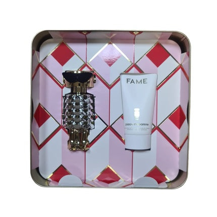 Set Parfum Paco Rabanne Fame, Eau De Parfum 50ml + Body Lotion 75ml, Culoare aurie și albă