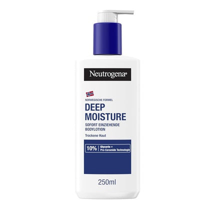 Loțiune de corp Neutrogena Deep Moisture, ambalaj cu pompă, alb-albastru
