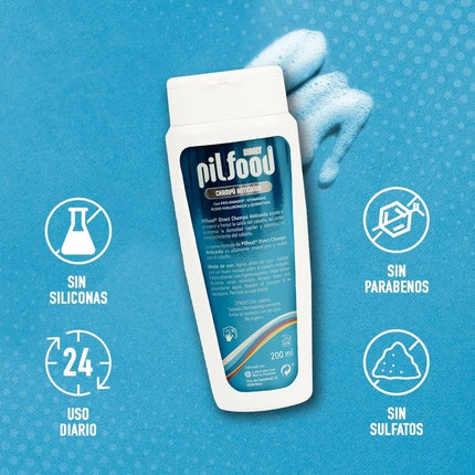 Șampon anti-cădere Pilfood Direct, 200ml, alb cu detalii albastru-verzi