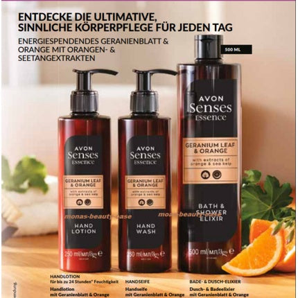 Set 3 Produse Avon Senses Essence, Geranium și Portocală, Capacitate 500ml