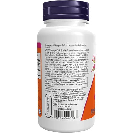 Supliment Nutrițional NOW Foods Mega D-3 & MK-7, 120 Capsule