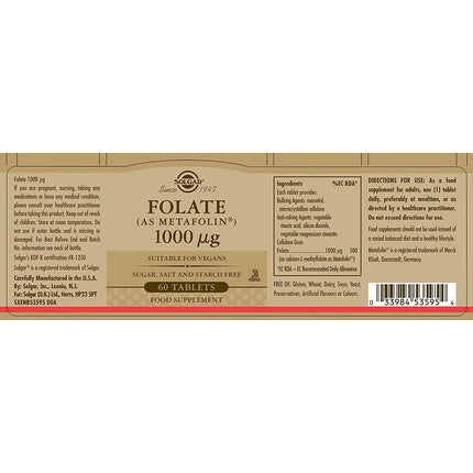 Solgar Folate 1000mcg High Strength Formula Vegan, Vitamine B9, 60 Tablete