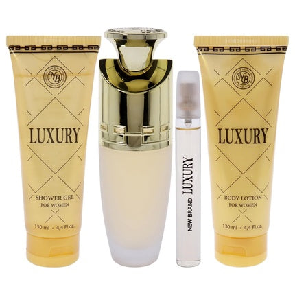 Set Cadou Parfum Lux, New Brand, 4 piese, EDP Spray 100ml + Gel de Duș 125ml, Auriu