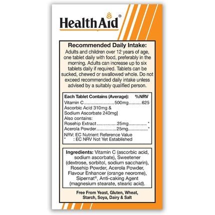 Vitamina C, Health Aid, 500 mg, masticabil, portocalie