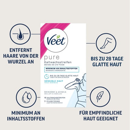 Benzi Ceară Rece, Veet Pure, Piele Sensibilă, 16 Bucăți