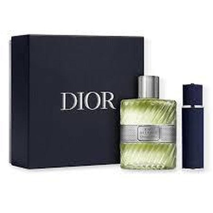 Set Parfum Dior Eau Sauvage, 100ml + 15ml, sticlă verde cu textură, capac argintiu și albastru închis