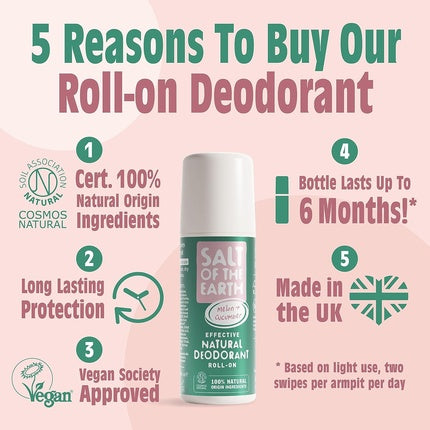 Desodorizant Roll-On Salt Of The Earth cu Apă de Trandafir și Castravete, 75 ml