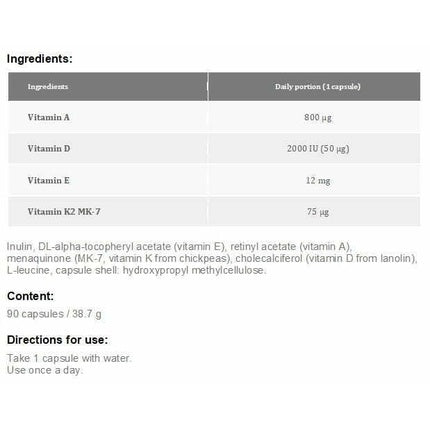 Vitamine A + D3 + E + K2 MK-7, Aura Herbs, 90 Capsule