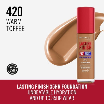 Fundație Rimmel Lasting Finish 35hr, 420 Warm Toffee, Hidratare