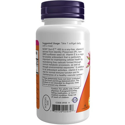 Supliment Nutrițional Vitamina E 400 UI, NOW Foods, Sun-E, Ulei de floarea-soarelui, 60 capsule moi
