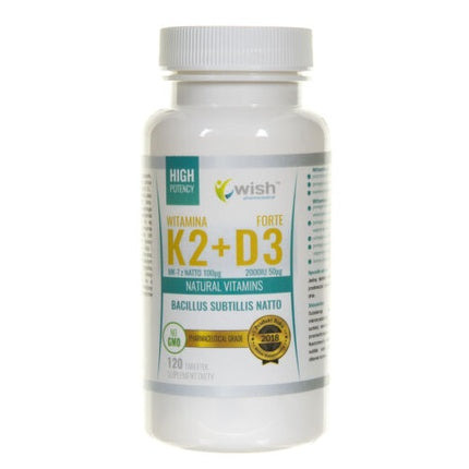 Wish Pharmaceutical, Vitamine K2 MK-7 + D3, Natto, 100mcg, 120 Tablete
