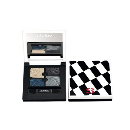 Paletă Ombre de Ochi Sisley Phyto 4 Ombres Eyeshadow 02 Mystery, culori mixte (crem, albastru închis, gri metalizat), design carouri negru-alb, aplicator inclus