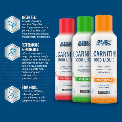 L-Carnitină 3000 Liquid, Applied Nutrition, Sour Apple, 480ml