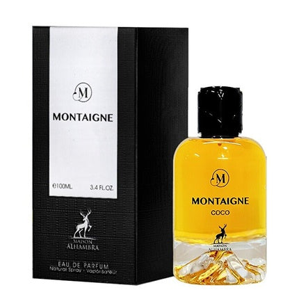 Eau de Parfum Montaigne Coco, Maison Alhambra, 100ml, cu sticlă transparentă și dop negru