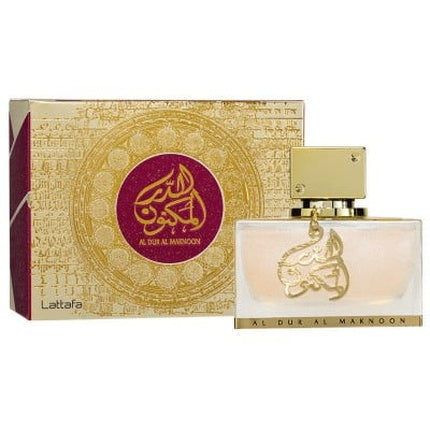 Eau de parfum Lattafa Al Dur Al Maknoon Gold - ambalaj auriu, sticlă transparentă, etichetă mov