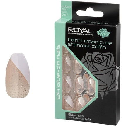 Unghii false Royal Coffin Shimmer French cu adeziv, 24 buc