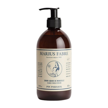 Săpun lichid Marius Fabre, Pin Parasol, sticlă maro cu pompă neagră, 500 ml
