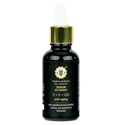 Serum facial anti-îmbătrânire Honey Soap House C+E+Q10, 30ml, sticlă neagră cu dop auriu