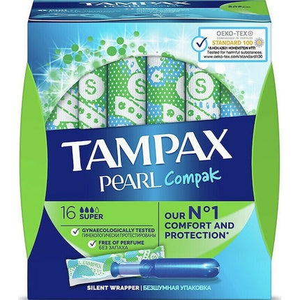 Tampax Pearl Compak Silent Wrapper, Tamponuri interioare pentru flux intens (Super), 16 buc, ambalaj silențios