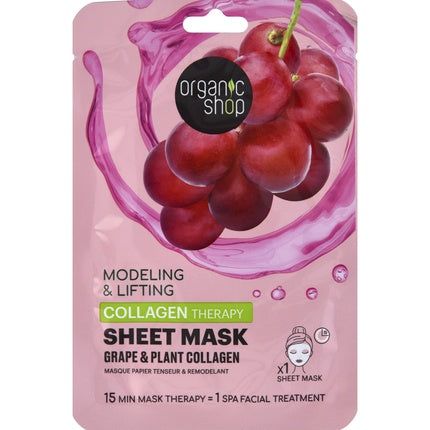 Masca facială tip folie, Organic Shop, Collagen Therapy Grape & Plant Collagen, cu extract de struguri