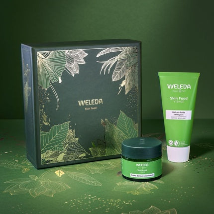 Set Cadou Weleda Skin Food, Gel-In-Oil 75ml și Cremă Zilnică 40ml, Ambalaj Verde cu Design Botanic