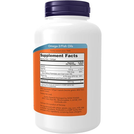 SUPLIMENT ALIMENTAR NOW Foods Cod Liver Oil 650mg Vitamine A D3 250 Softgels