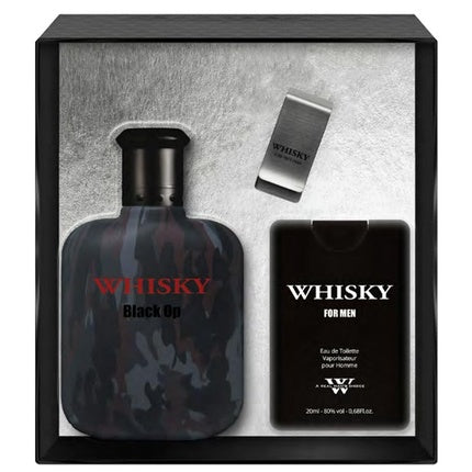 Set Parfumuri Evaflor Whisky Black Op, 100ml și 20ml, Sticlă cu model camuflaj, Cutie Neagră