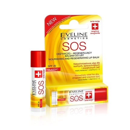 Balsam de buze SOS Eveline Cosmetics, Classic, cu ulei de Argan, SPF 20, 20g