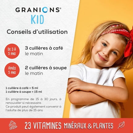 Granions Kid, Supliment mineral, Vitamine și Minerale pentru copii, 23 vitamine, magneziu, zinc, sirop cu gust de fructe