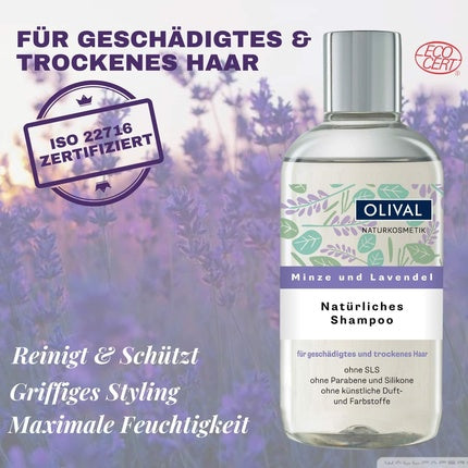 Șampon Natural Mint Lavender, 250ml, sticlă transparentă cu capac argintiu