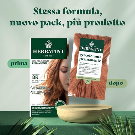 Gel colorant permanent Herbatint 8R Blond Deschis Cupru, 170ml, fără amoniac