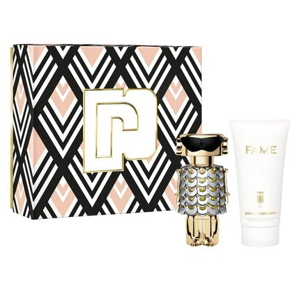 Set Parfum Paco Rabanne Fame, Eau De Parfum 50ml + Body Lotion 75ml, Culoare aurie și albă