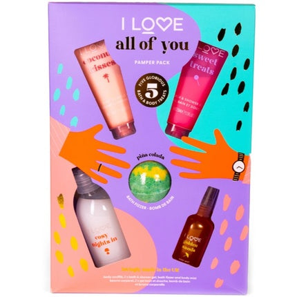 Set Parfum I Love - All Of You Set, Cadou Parfumat, 5 Produse (Crema Corp, Loțiune, Deodorant, Spray Piele), Culori Roz și Portocaliu