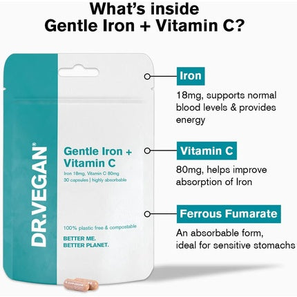Capsule Dr. Vegan, Fier Gentle + Vitamina C, 30 bucăți, ambalaj ecologic