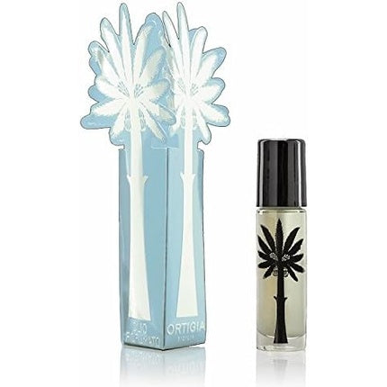 Ortigia Sicilia, Florio, Extrait de Parfum 10ml, sticlă transparentă cu design palmier negru, capac negru, ambalaj albastru pal