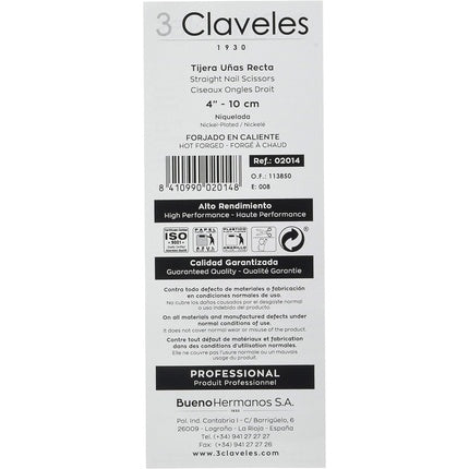 Foarfecă unghii, 3 Claveles, model drept, argintiu
