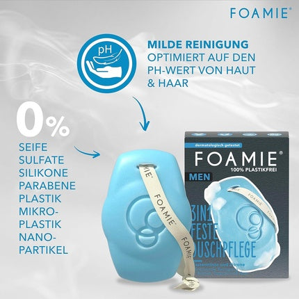 Foamie Solid Shower Gel & Shampoo for Men, 3in1 Solid Shower and Face Cleansing Refreshing Scent, Watermint and Lemon, 90g