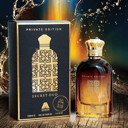 Parfum Secret Oud Private Edition, Anfar, 100ml EDP, sticlă ambrată, dop auriu