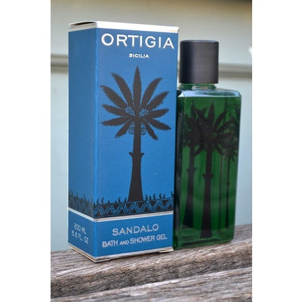 Gel de duș Ortigia Sandalo, 200ml, ambalaj albastru cu palme