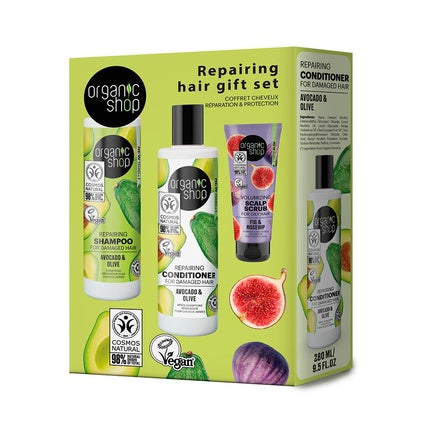 Set Cadou pentru Repararea Părului - Organic Shop, Avocado Shampoo & Avocado Conditioner & Fig Body Exfoliant, 280ml + 280ml + 75ml