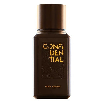 Paris Corner Confidential Eau De Parfum, flacon maro cu text auriu, capac rotund metalizat