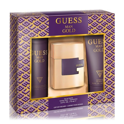 Set Cadou Guess Gold Man pentru Bărbați - Eau de Toilette 2.5 Oz, Deodorant Spray 6.0 Oz, Gel de Duș 6.7 Oz