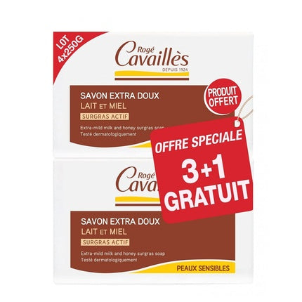 Săpun Rogé Cavaillès Extra-Mild cu lapte și miere, 250g - Pack de 4 buc