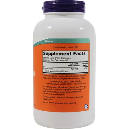 Acid Citric de Magneziu, NOW Foods, Capsule Vegetale, 400 mg, 240 buc