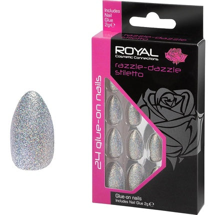 Unghii false Royal Razzledazzle Stiletto cu adeziv, argintii lucioase
