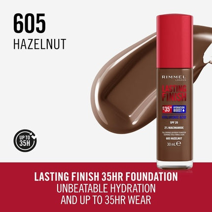Fundă de machiaj Rimmel London Lasting Finish 605 Hazelnut, Full Coverage, Hidratant, 30 ml