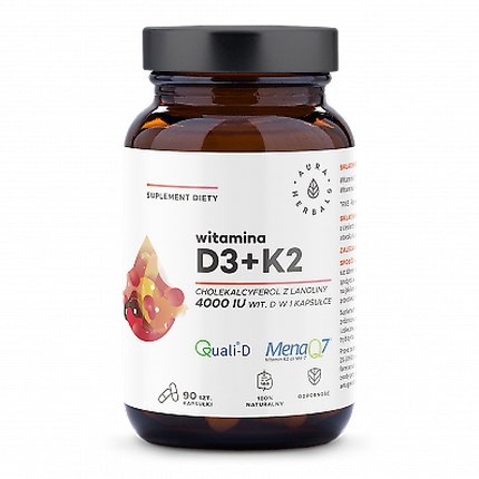 Supliment Diet, Aura Herbals, Vitamin D3 + K2, 4000 IU, 90 Capsule