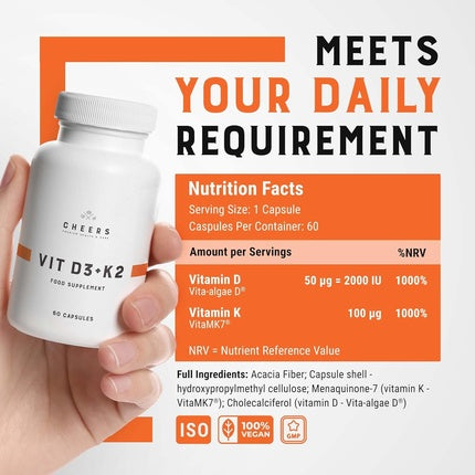 Capsule Vegane, Cheers, Vitamine D3 K2, 60 buc, Alb