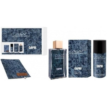 Set Cadou Parfum, Alviero Martini Capri For Home, 100ml Spray + Deodorant 150ml + Portofel Pașaport, Design Texturat Albastru