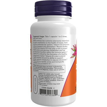 Suplimente Vitamine D3 și K2, Now Foods, 120 Capsule Vegetale, Suport Cardiovascular și Sănătatea Oaselor